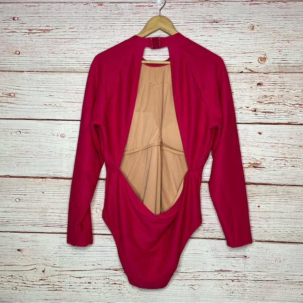 New J Crew Active Ribbed Long Sleeve One Piece Swim Suit in Wild Hibiscus Sz 20 - Picture 13 of 16